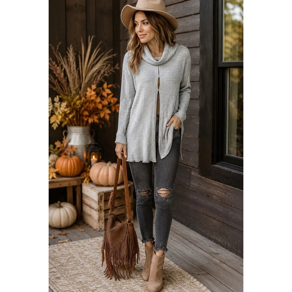 Free People We The Free Medium Gray Lover Rib Cowl Neck Split Back Boho Tunic